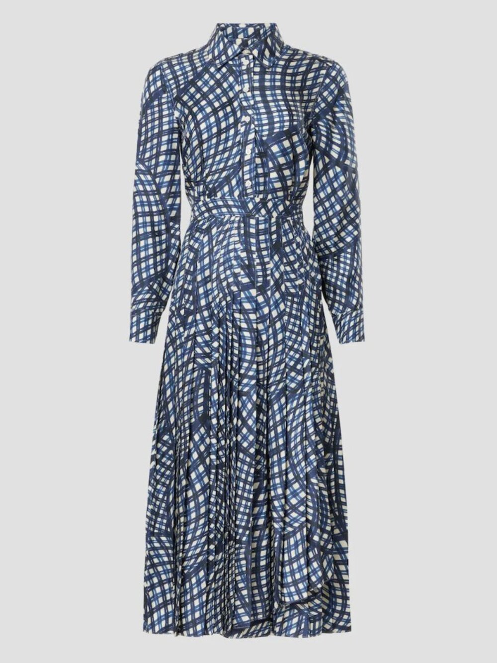 Tory Burch Pleated Silk Midi Dress in Blue & White Multi Print Long Sleeve 6